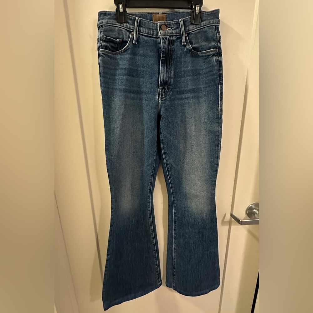 MOTHER Super Cruiser Flare Jeans in Classic Blue 28" waist, 30" length (hemmed)